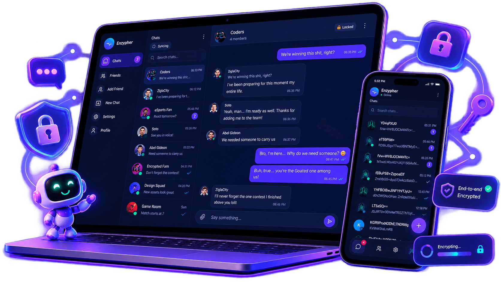 Enzypher private messaging device sticker with readable desktop and encrypted mobile states